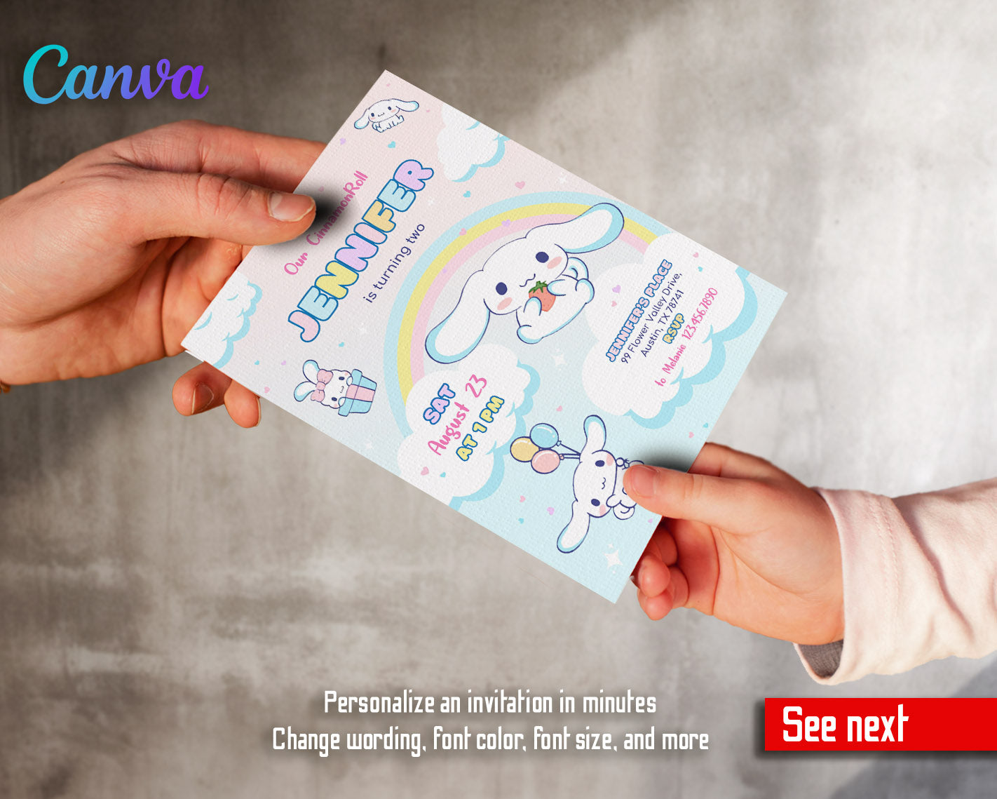 Cinnamoroll Hello Kitty Sanrio customizable invitation template | Share or Print | girl | FY652
