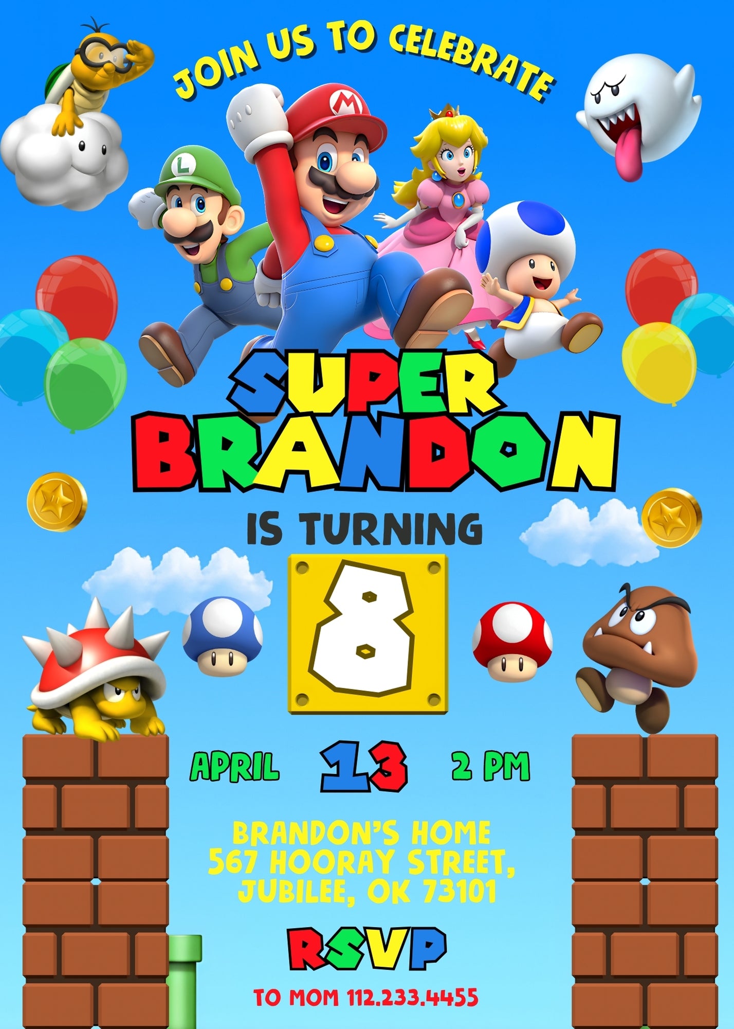 Super Mario Bros customizable invitation template | Share or Print | | TO373