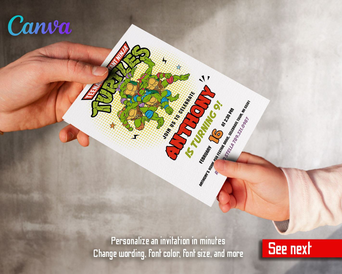 Teenage Mutant Ninja Turtles customizable invitation template | Share or Print | boy | YZ655