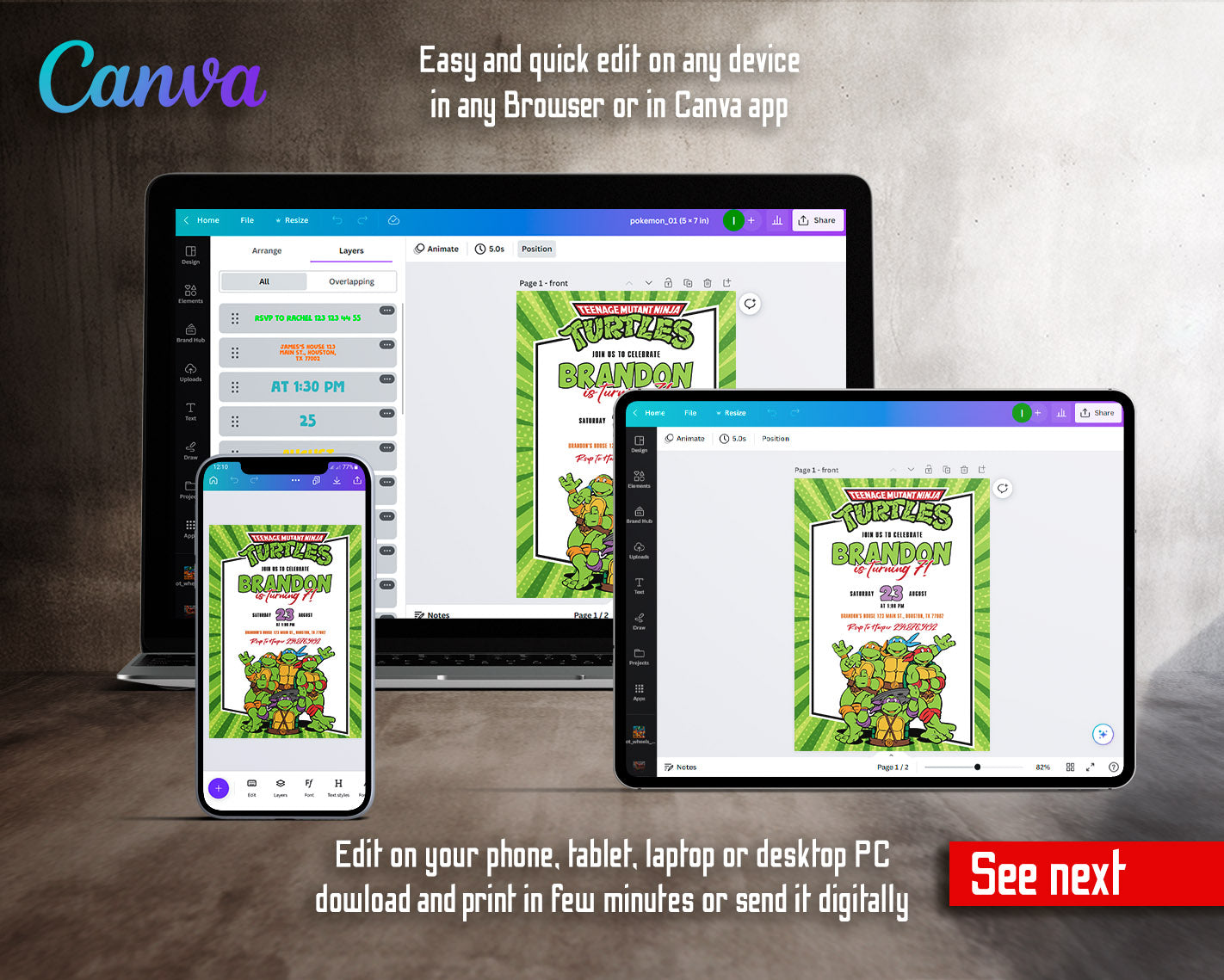 Teenage Mutant Ninja Turtles customizable invitation template | Share or Print | boy | BO171