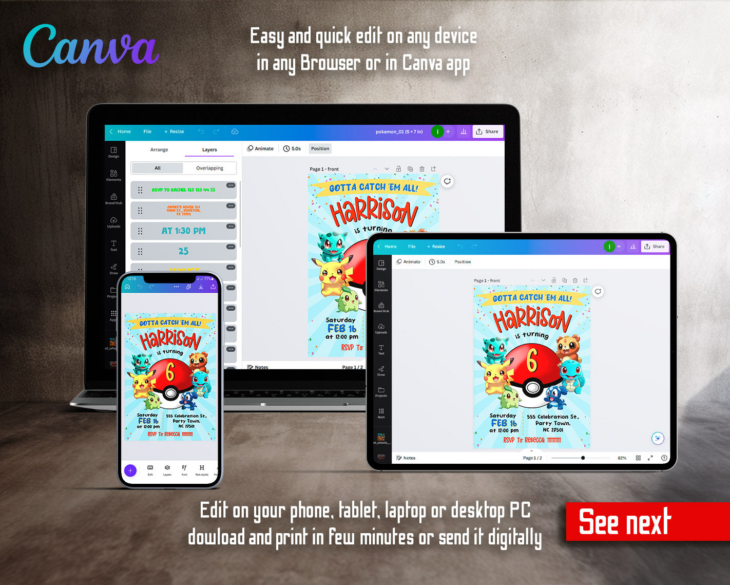 Pokemon Pikachu customizable invitation template | Share or Print | | CL345