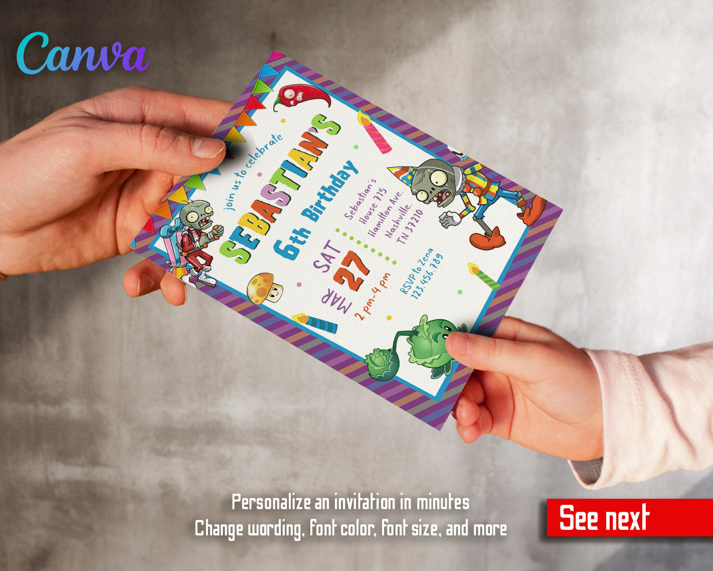 Plants vs Zombies Gamer customizable invitation template | Share or Print | | MX652