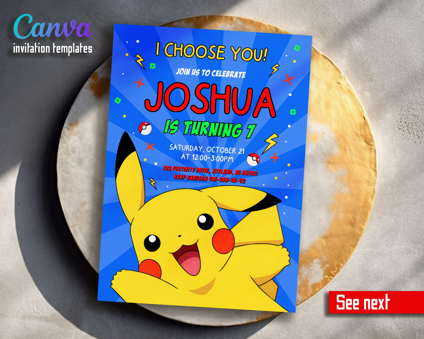 Pokemon Pikachu customizable invitation template | Share or Print | | PZ454