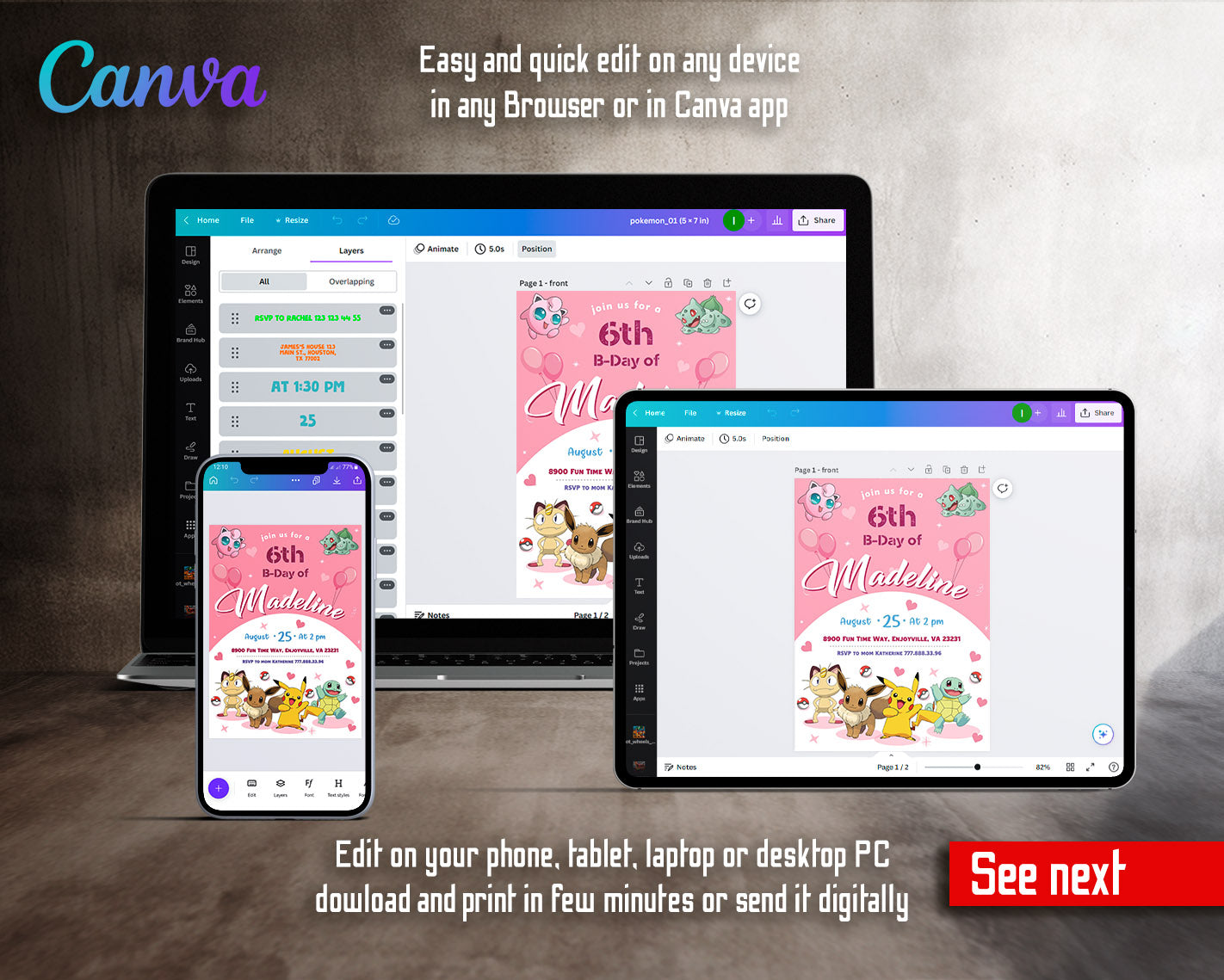 Pokemon Pikachu customizable invitation template | Share or Print | | ZG789
