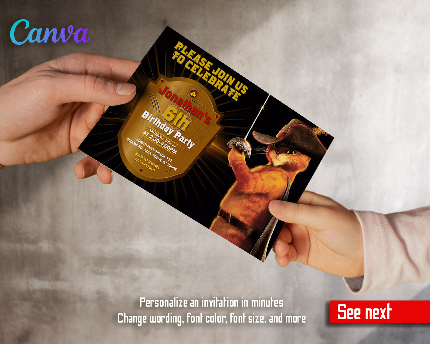 Puss in Boots Cat Shrek customizable invitation template | Share or Print | | JA276