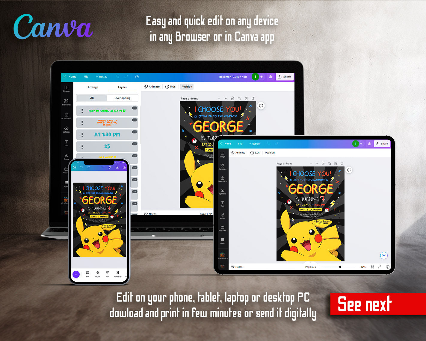 Pokemon Pikachu customizable invitation template | Share or Print | | PI640