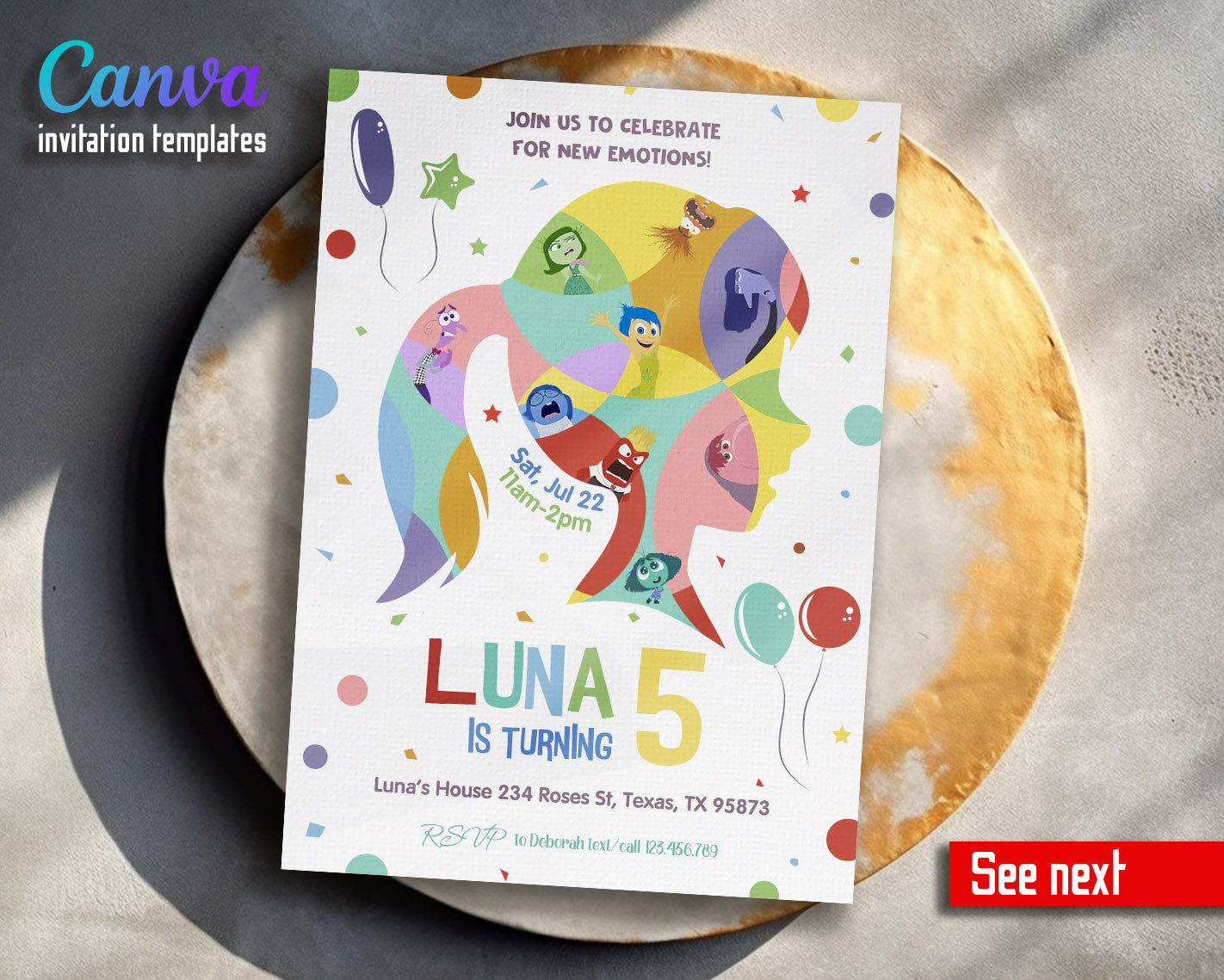 Inside Out 2 customizable invitation template | Share or Print | | VA989