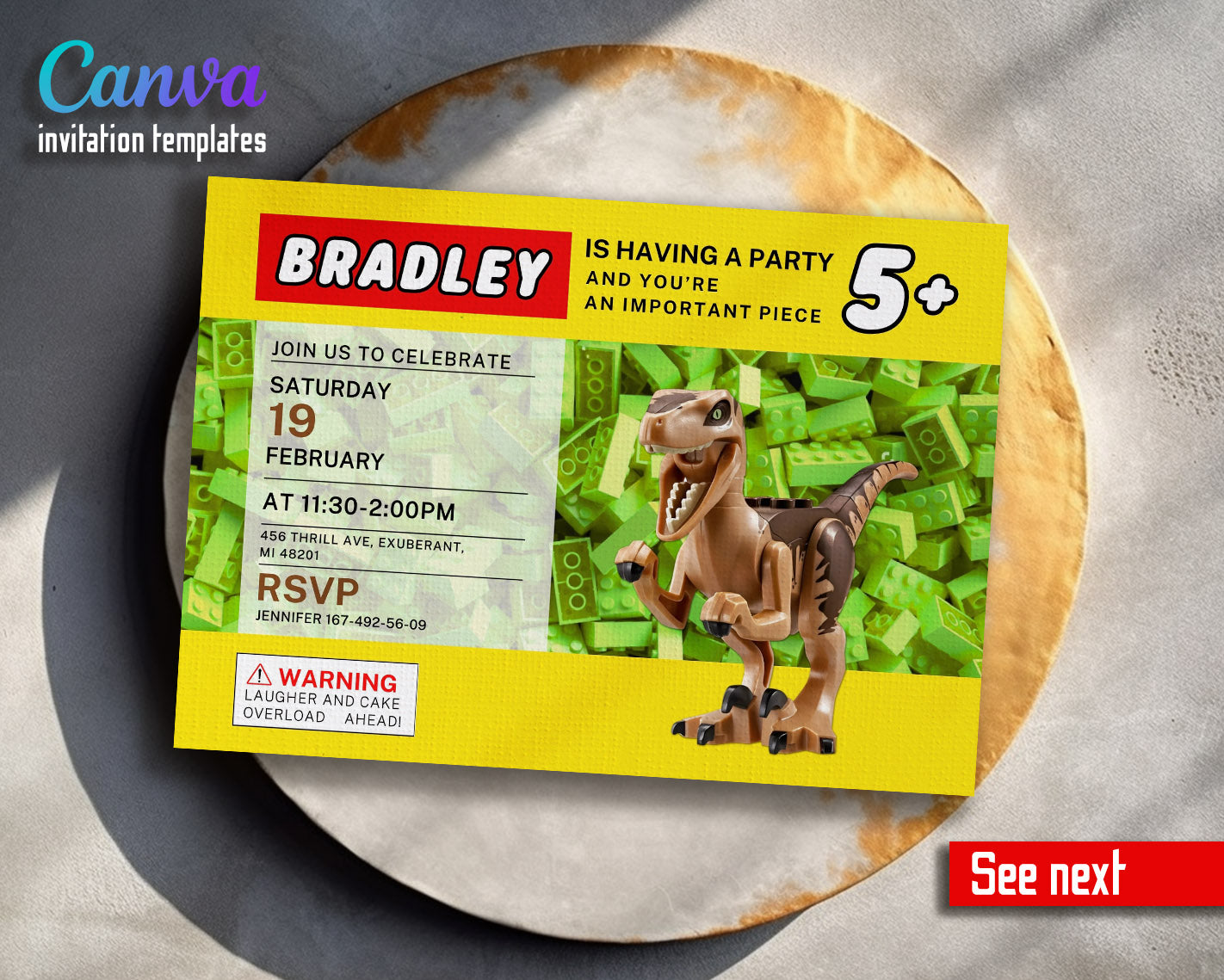 Lego Dinosaur T-Rex customizable invitation template | Share or Print | | YB680