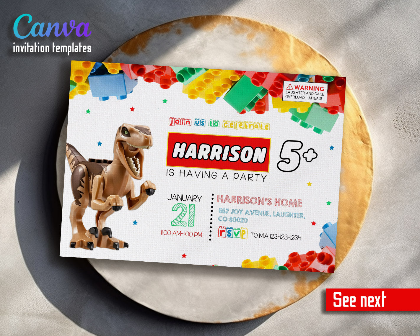 Lego Dinosaur T-Rex customizable invitation template | Share or Print | | UP163
