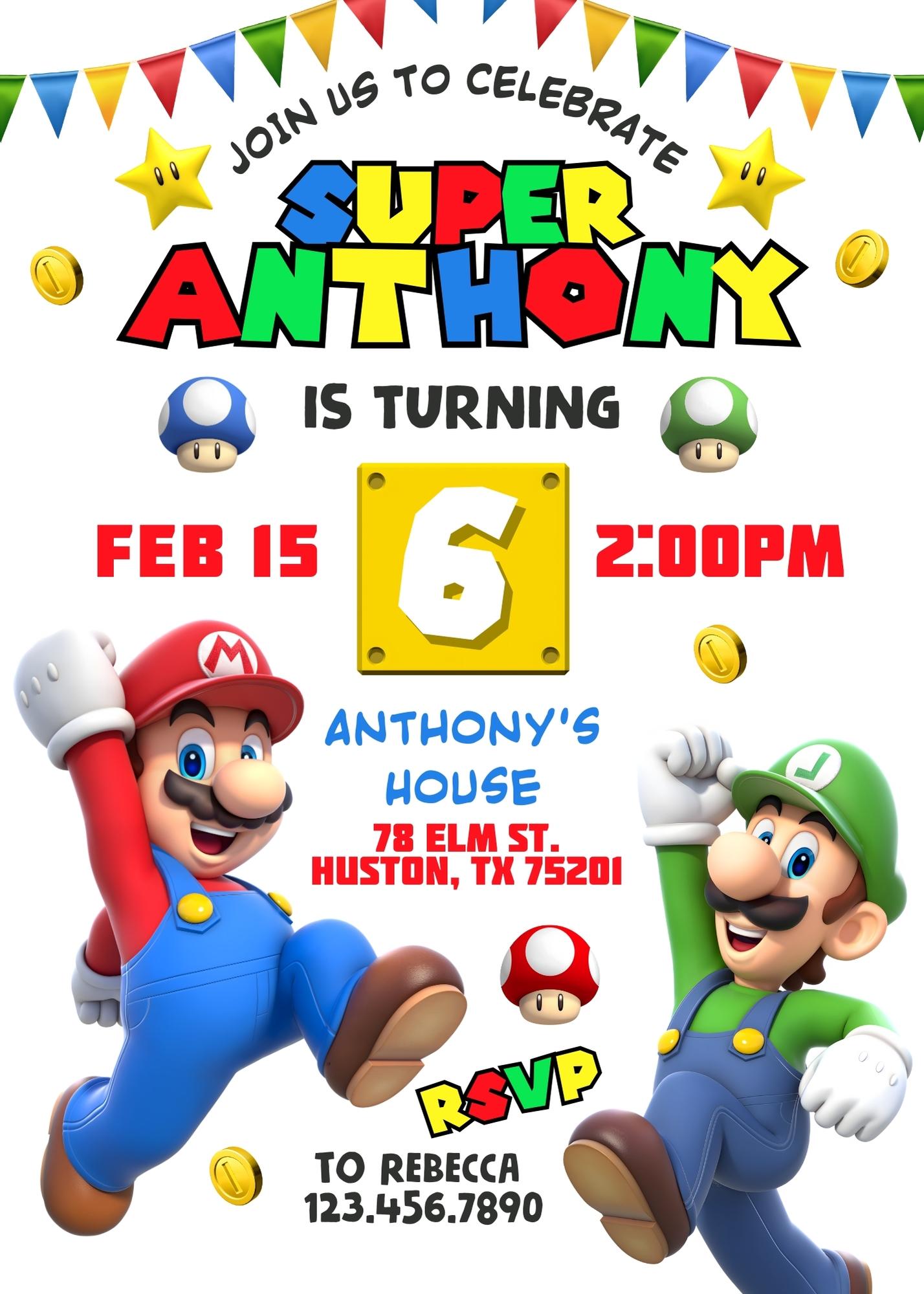 Super Mario Bros customizable invitation template | Share or Print | | MV272