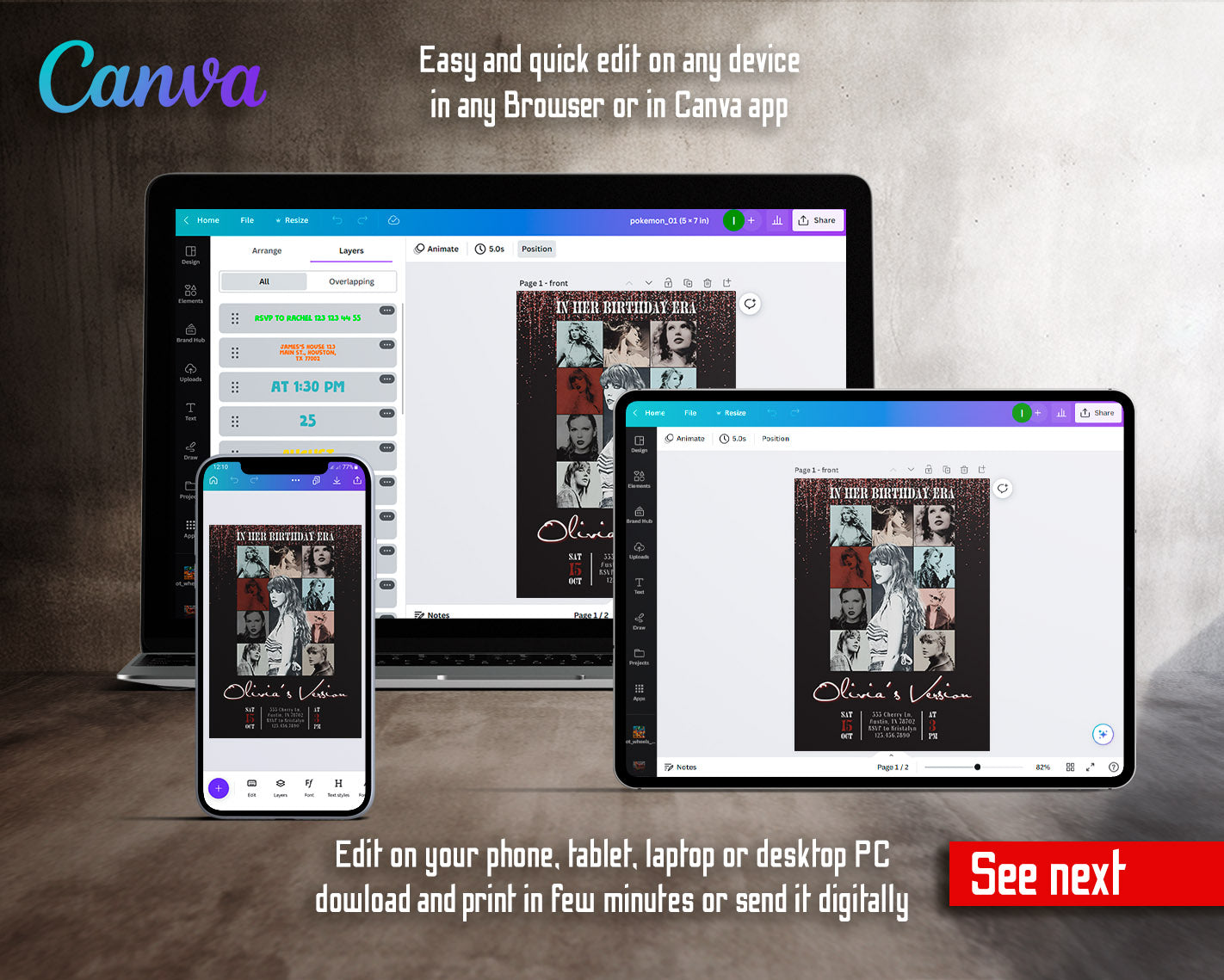 Taylor Swift Eras Tour customizable invitation template | Share or Print | girl | KC420