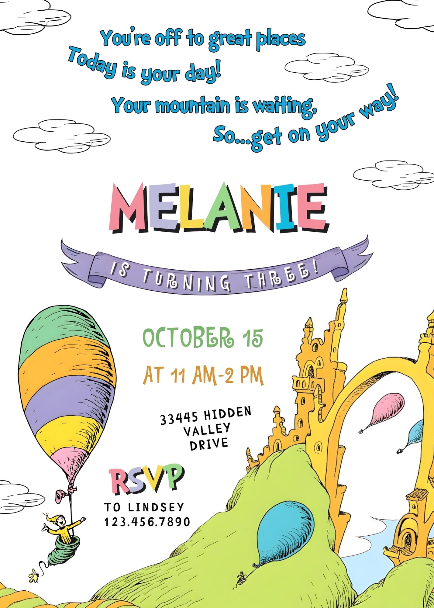 Dr Seuss Oh, the Places You'll Go customizable invitation template | Share or Print | | IX346