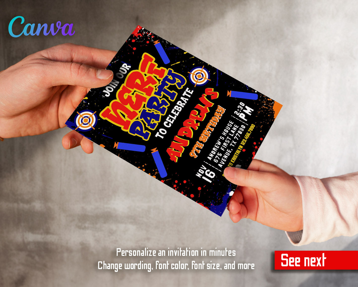 NERF Dart Wars customizable invitation template | Share or Print | boy | QB406