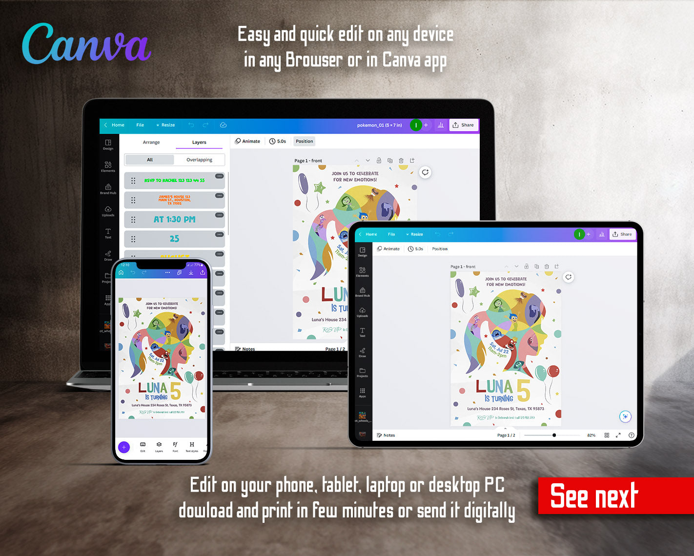 Inside Out 2 customizable invitation template | Share or Print | | VA989