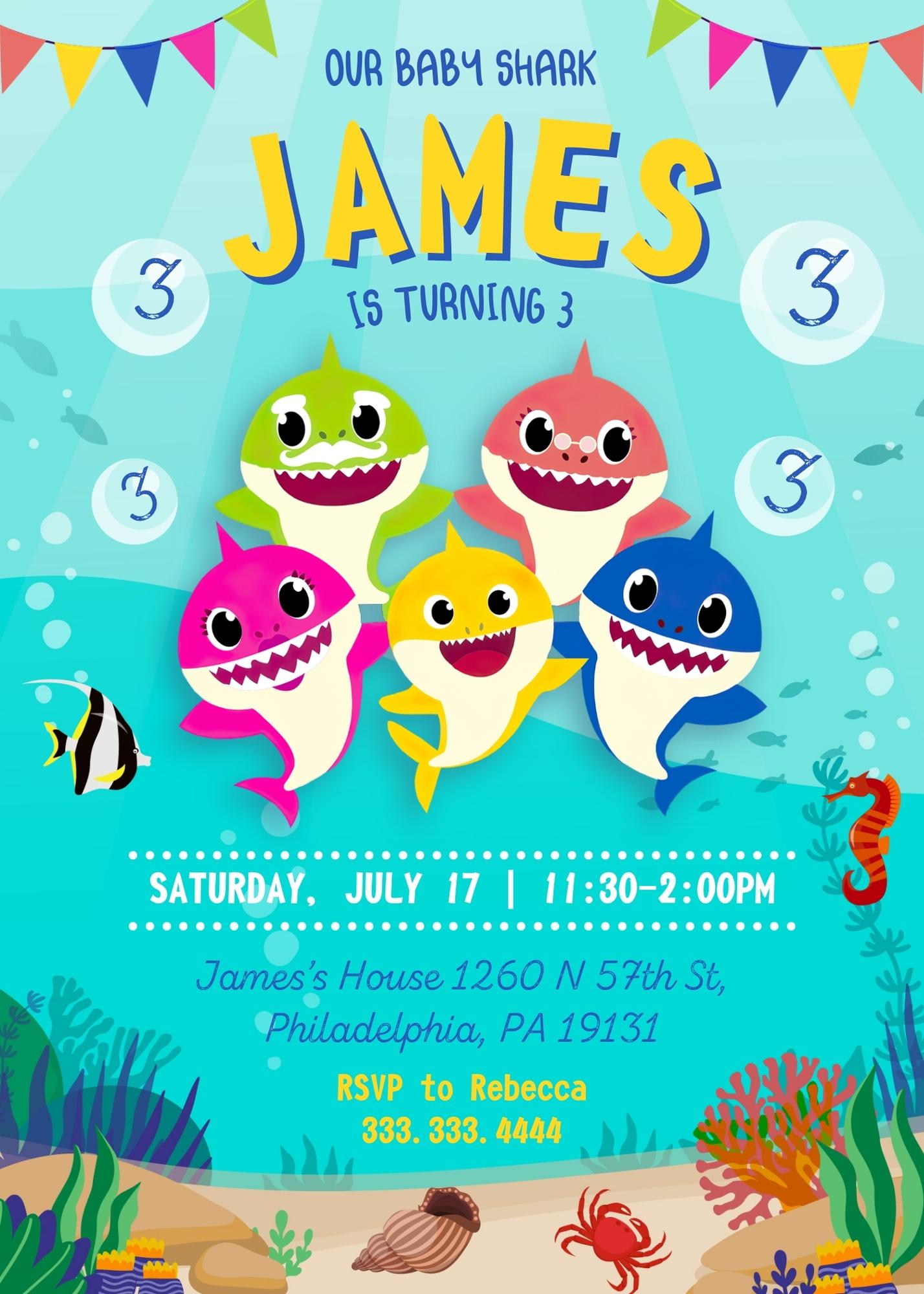 Baby Shark customizable invitation template | Share or Print | | NR377