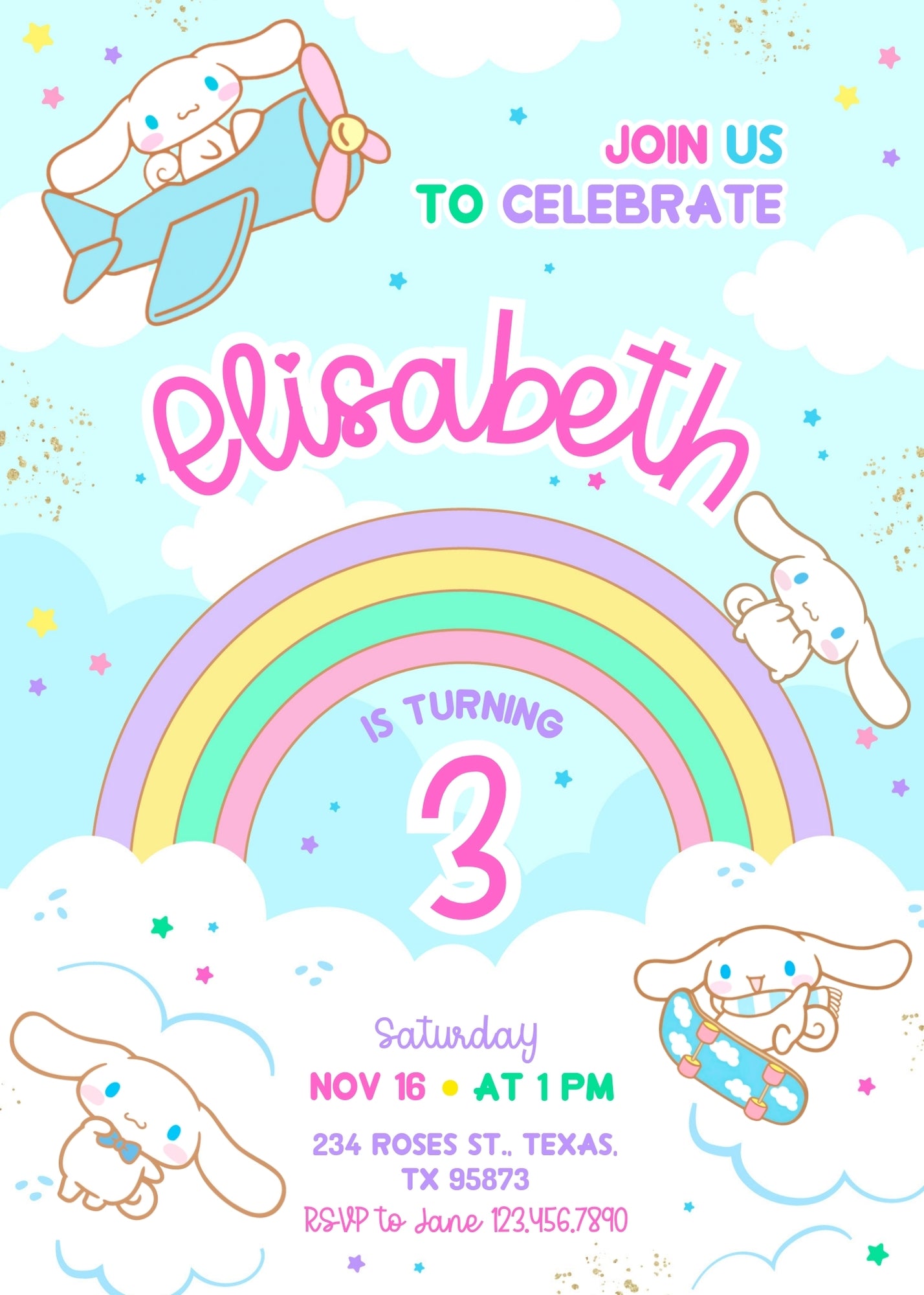 Cinnamoroll Hello Kitty Sanrio customizable invitation template | Share or Print | girl | JE082