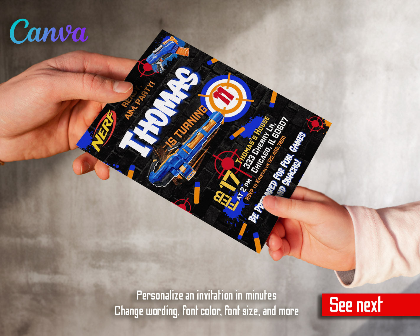 NERF Dart Wars customizable invitation template | Share or Print | boy | UY176
