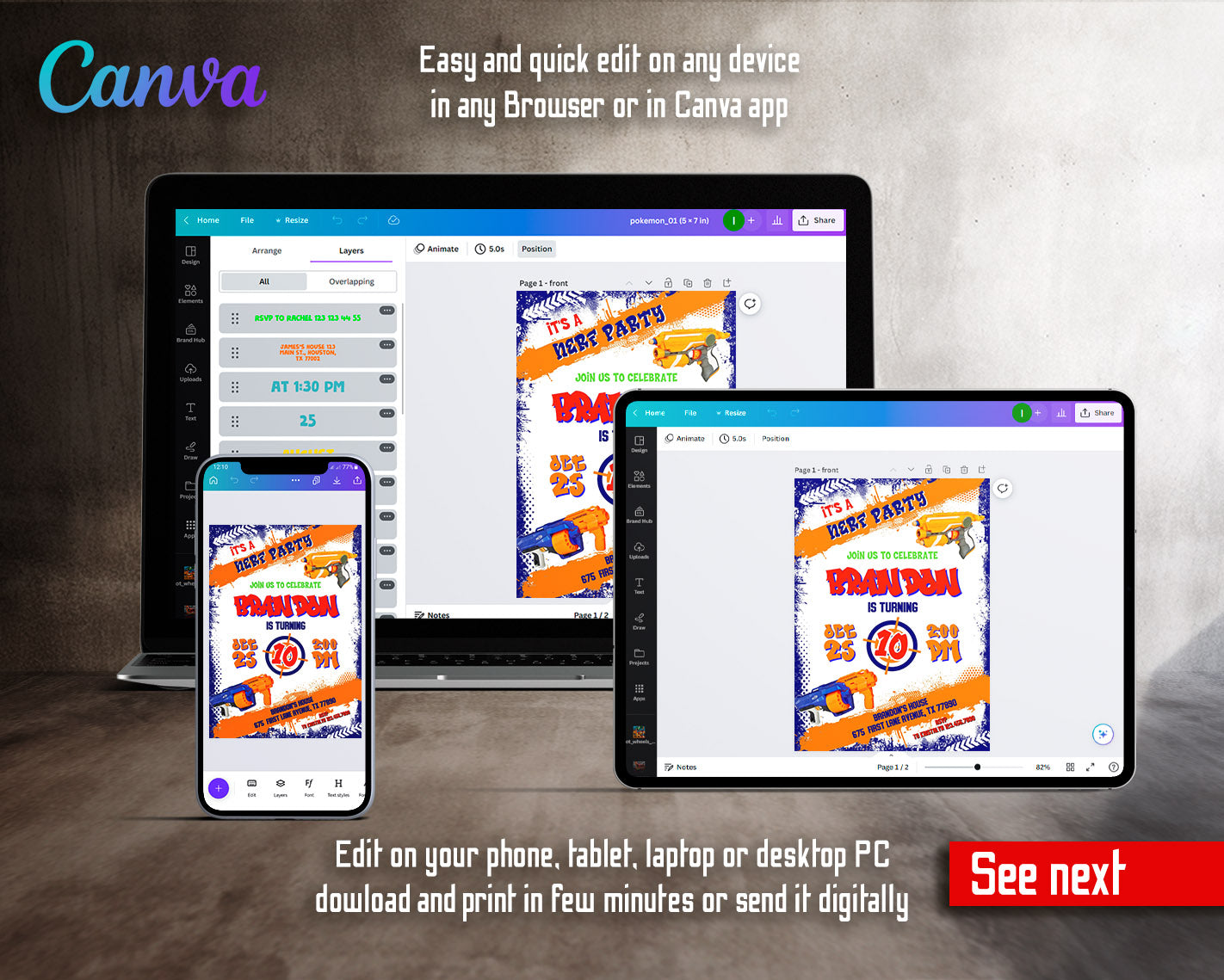 NERF Dart Wars customizable invitation template | Share or Print | boy | DR918