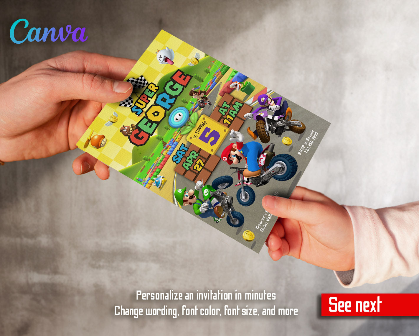 Super Mario Bros Motorcycle customizable invitation template | Share or Print | | YZ119