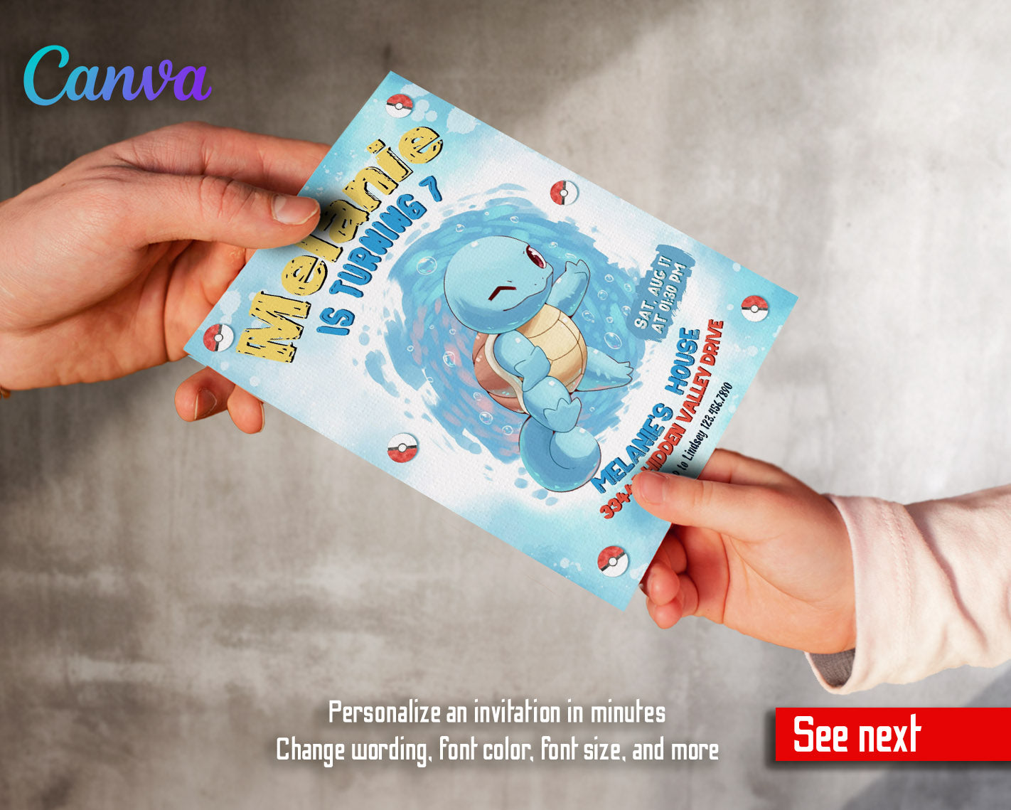 Squirtle Pokemon Anime customizable invitation template | Share or Print | | DT061