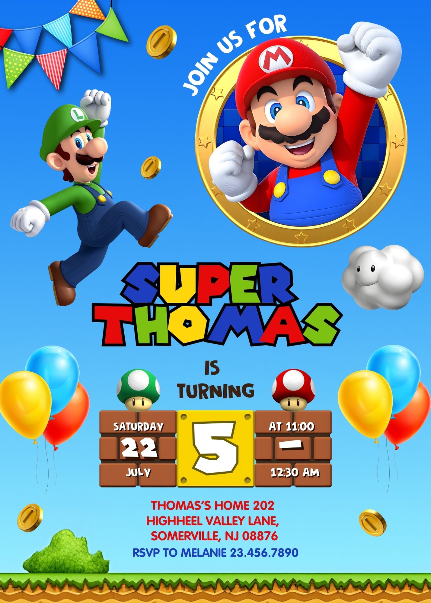 Super Mario Bros customizable invitation template | Share or Print | | SH617