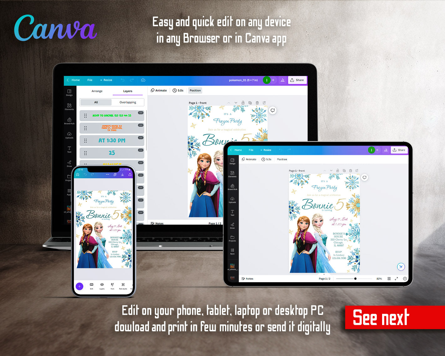 Frozen Elsa customizable invitation template | Share or Print | girl | VA795