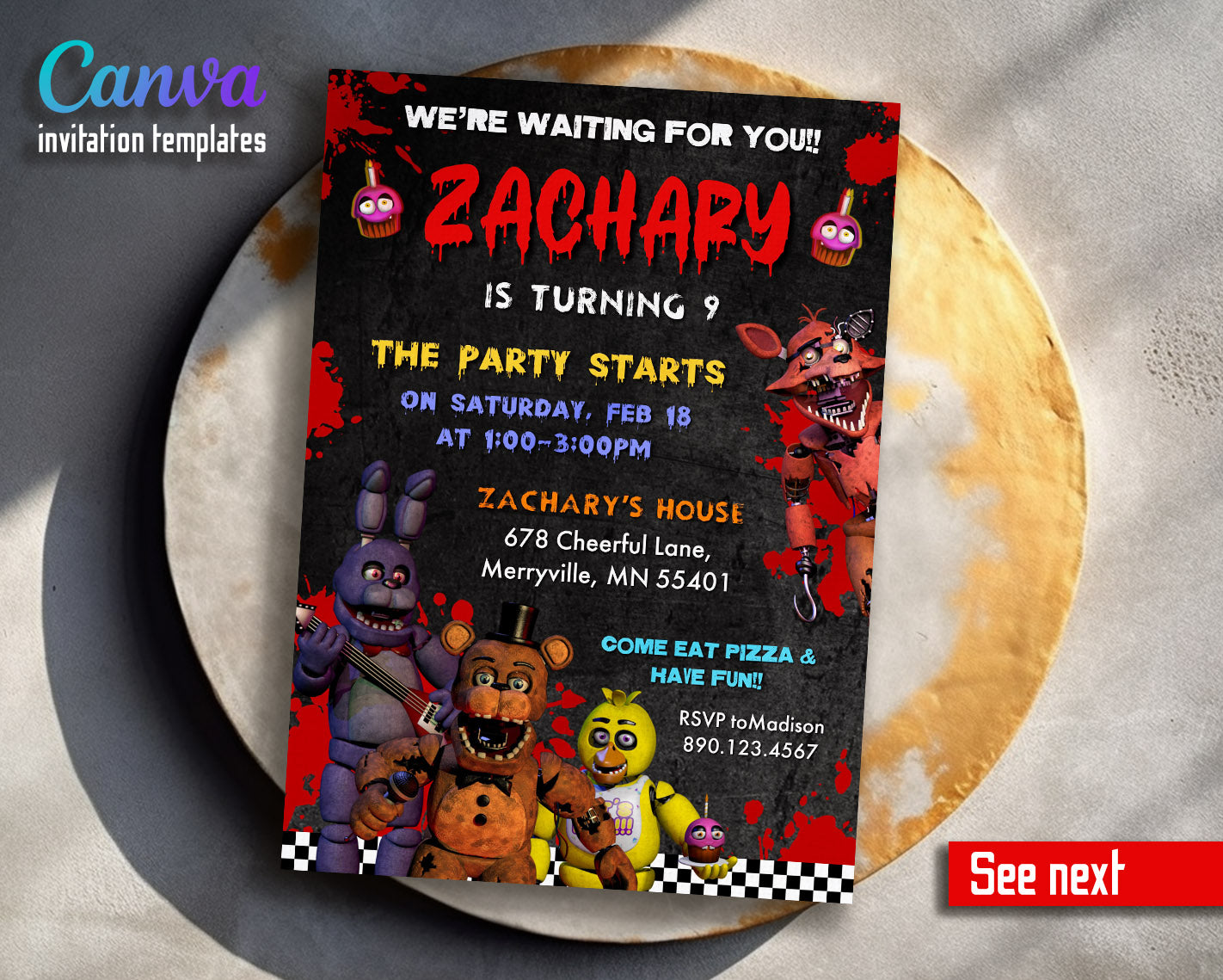 Five Nights at Freddy's customizable invitation template | Share or Print | | FT834
