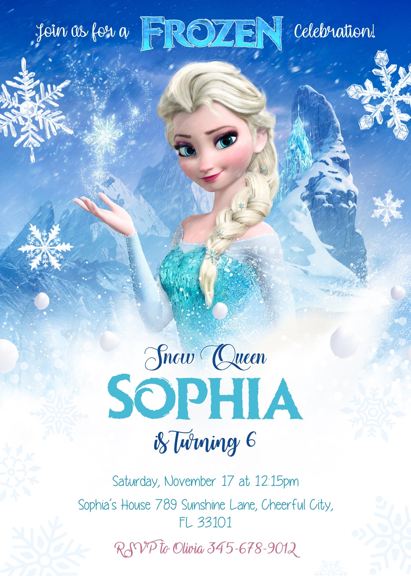Frozen Elsa customizable invitation template | Share or Print | girl | DJ878