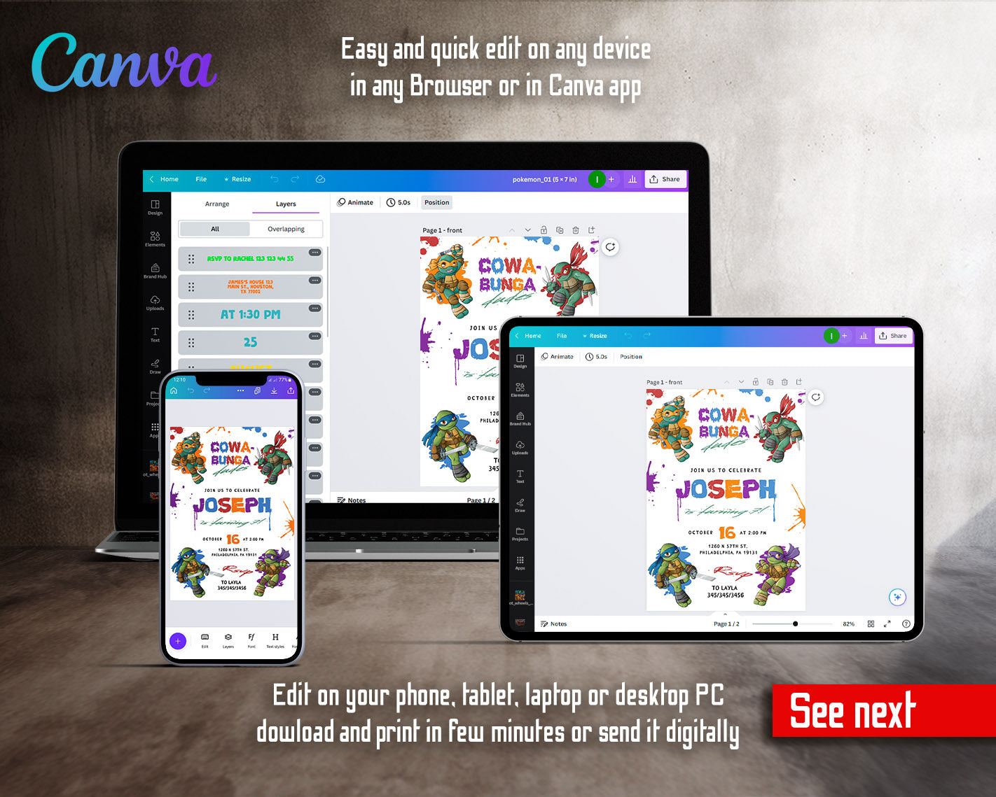 Teenage Mutant Ninja Turtles customizable invitation template | Share or Print | boy | HZ918