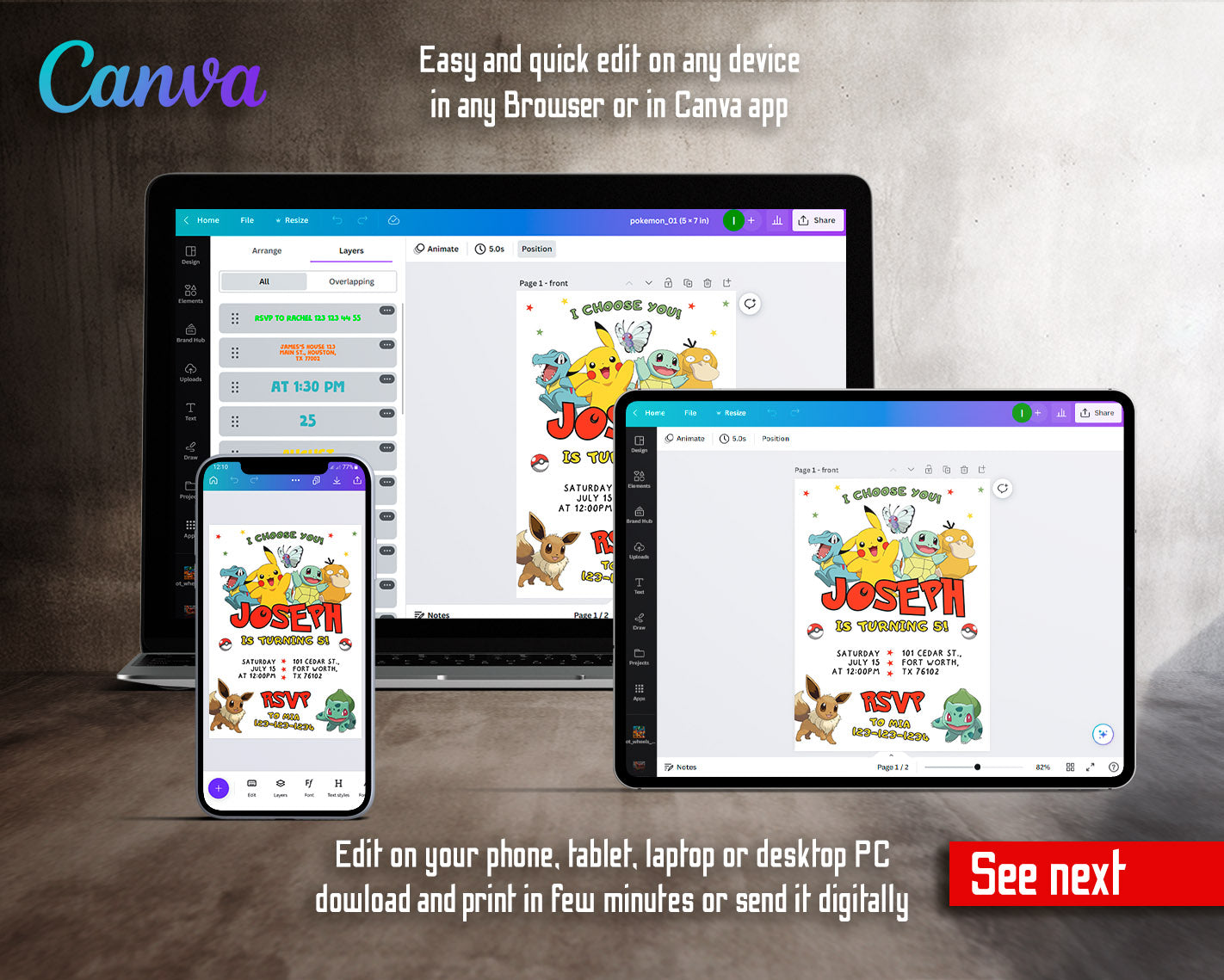 Pokemon Pikachu customizable invitation template | Share or Print | | ZZ190