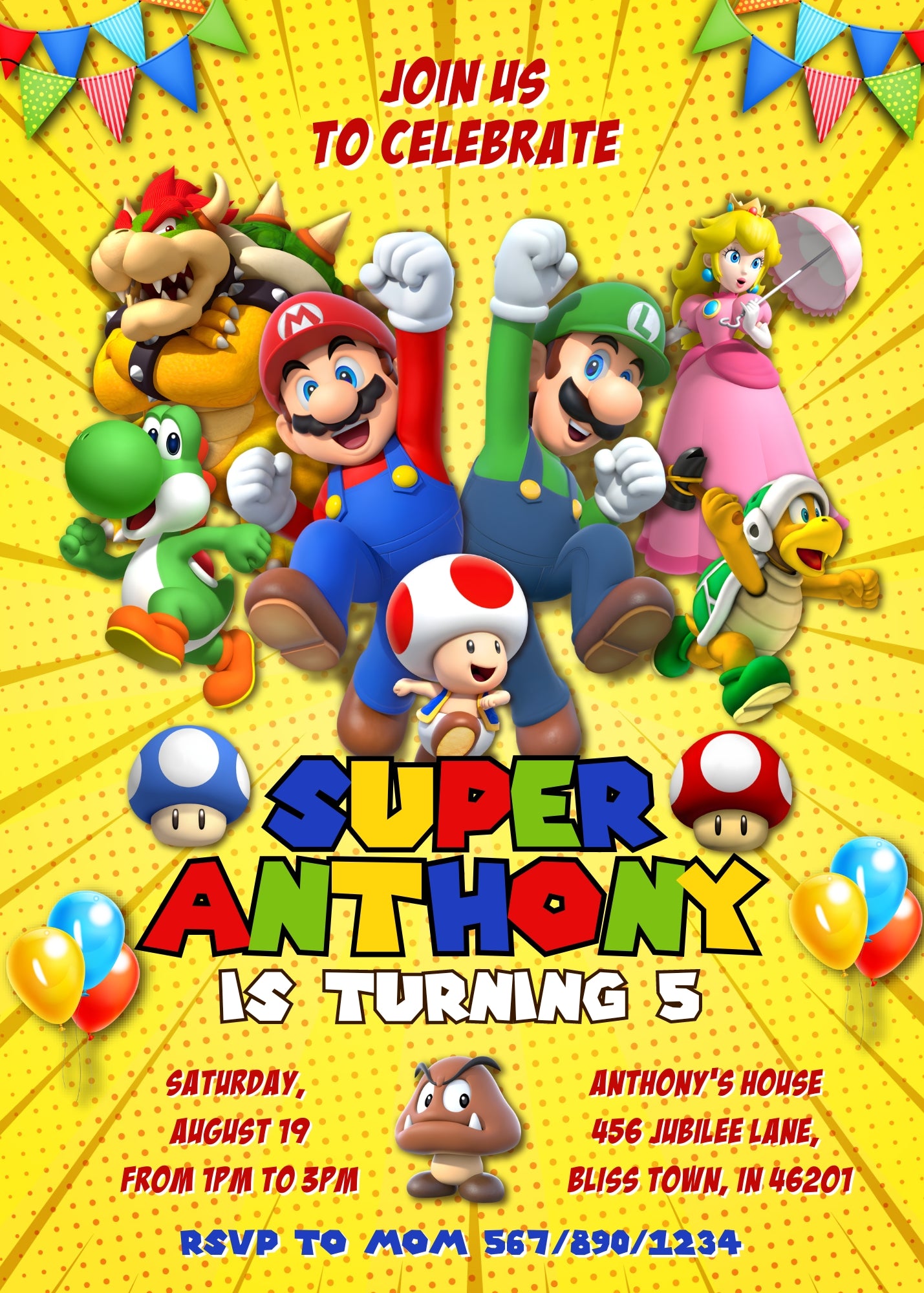 Super Mario Bros customizable invitation template | Share or Print | | LQ555