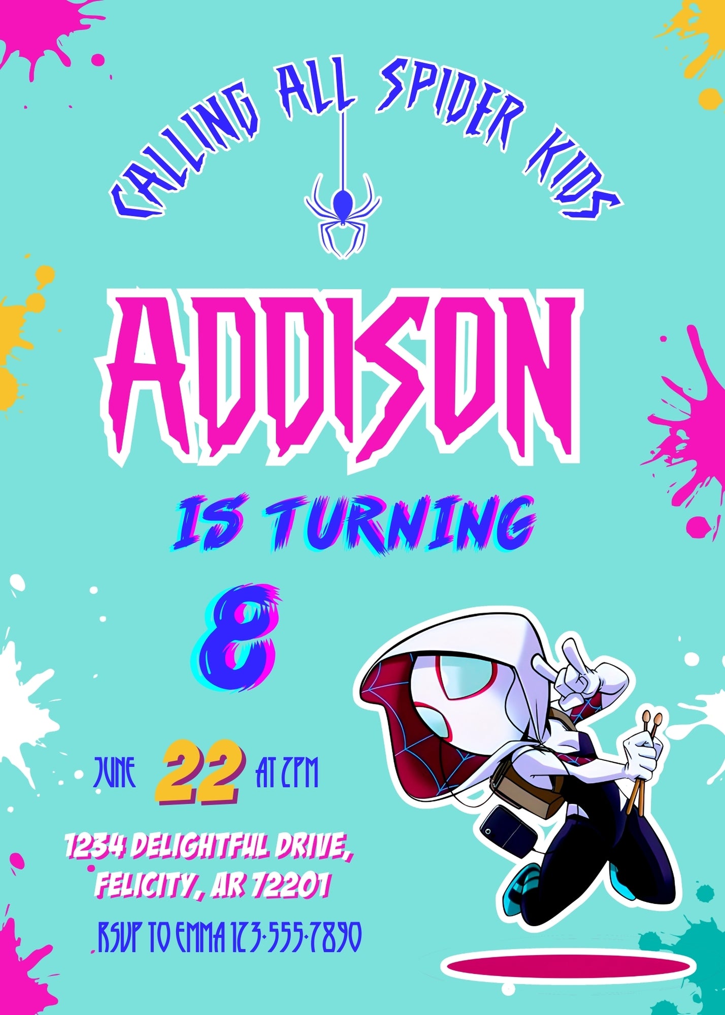 Spider Gwen Ghost Spidey customizable invitation template | Share or Print | girl | XY064