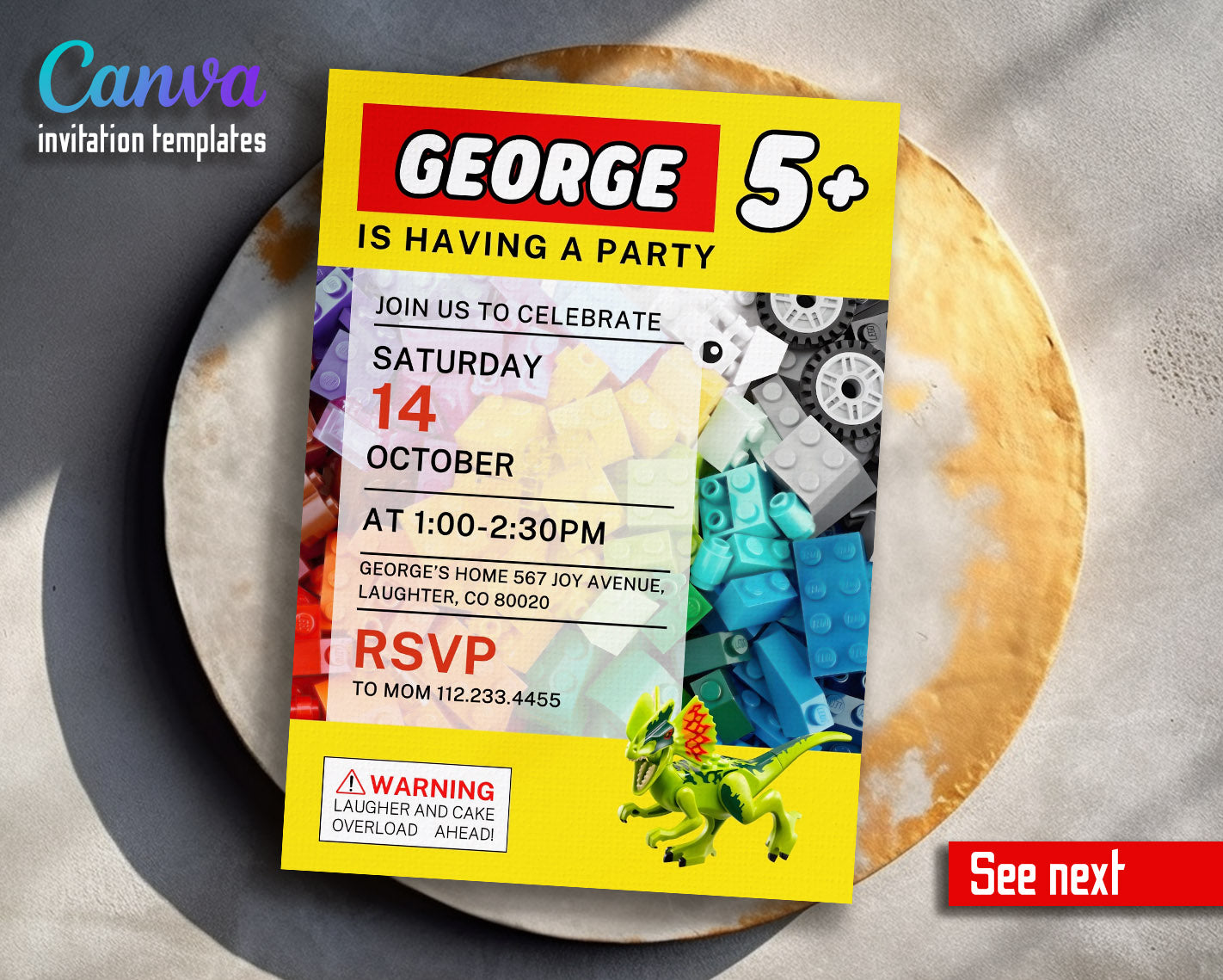 Lego Dinosaur T-Rex customizable invitation template | Share or Print | | UY588