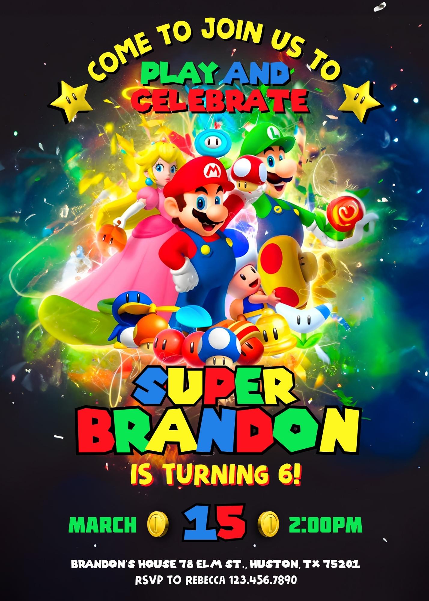 Super Mario Bros customizable invitation template | Share or Print | | YS322