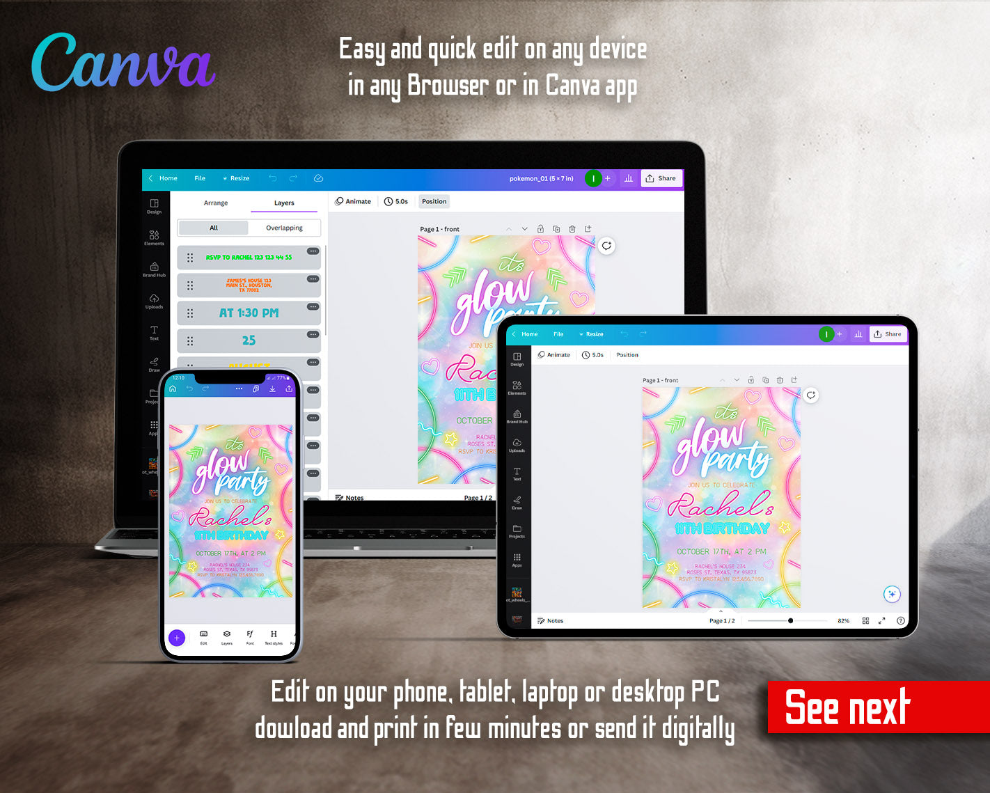 Lets Glow Crazy customizable invitation template | Share or Print | | TF968