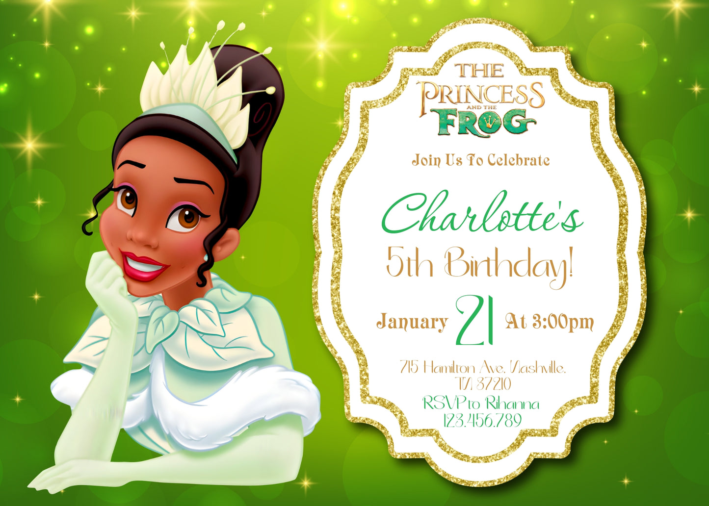 Tiana Frog Princess customizable invitation template | Share or Print | girl | CY011