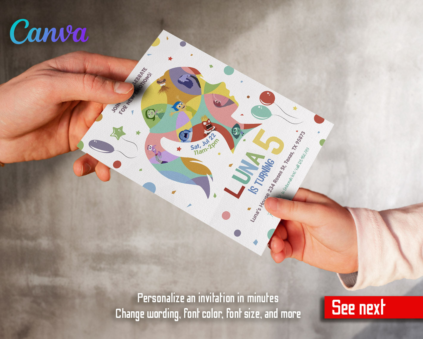Inside Out 2 customizable invitation template | Share or Print | | VA989