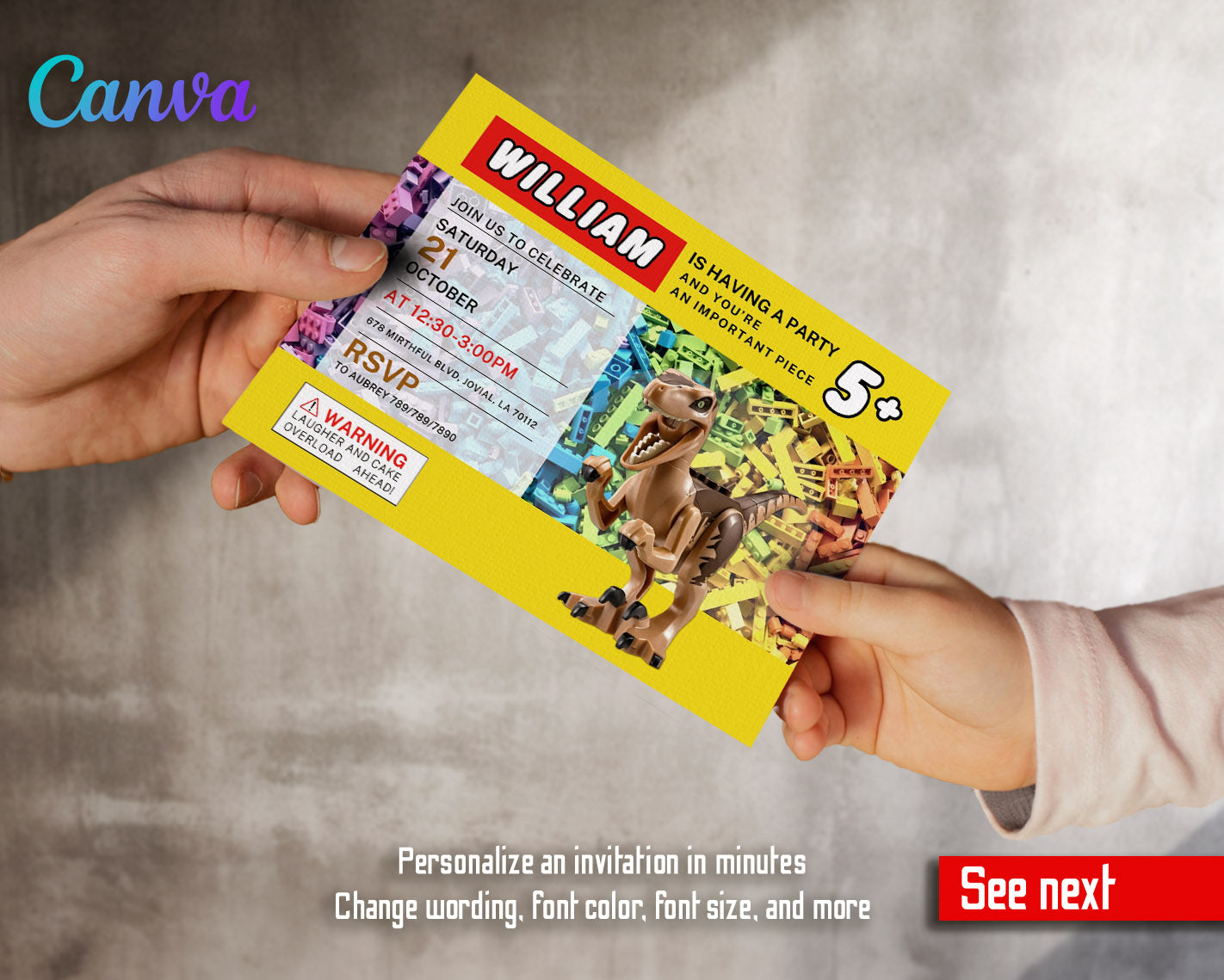 Lego Dinosaur T-Rex customizable invitation template | Share or Print | | FQ998