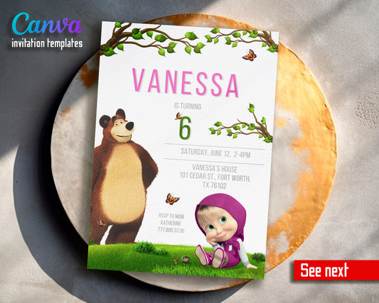 Masha and Bear customizable invite template girl | instant download | Share or Print | ZA196