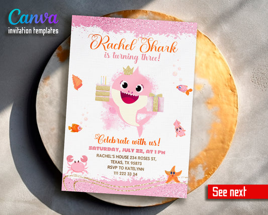 Baby Shark customizable invite template girl | instant download | Share or Print | QA608