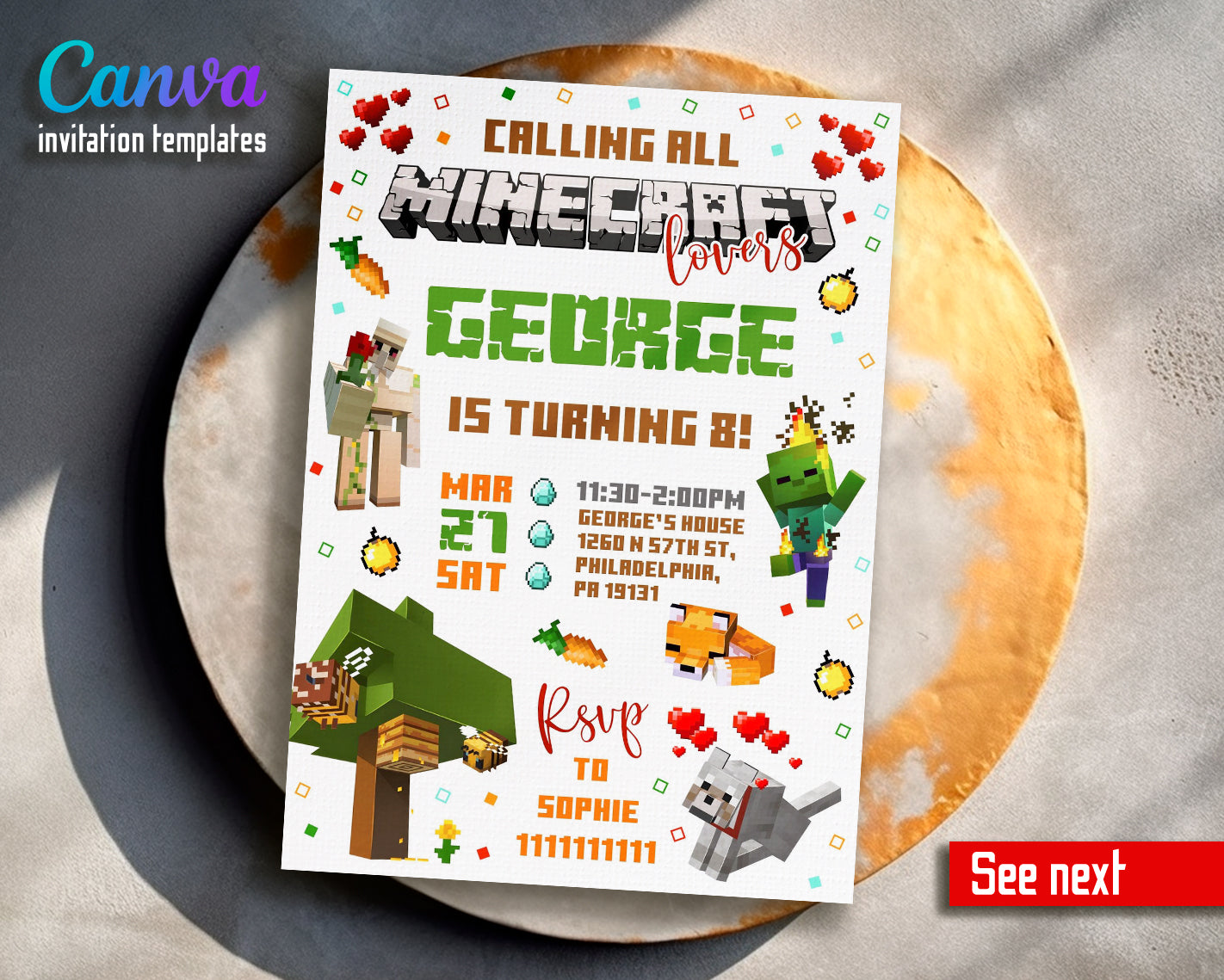 Minecraft customizable invite template | instant download | Share or Print | ZZ975