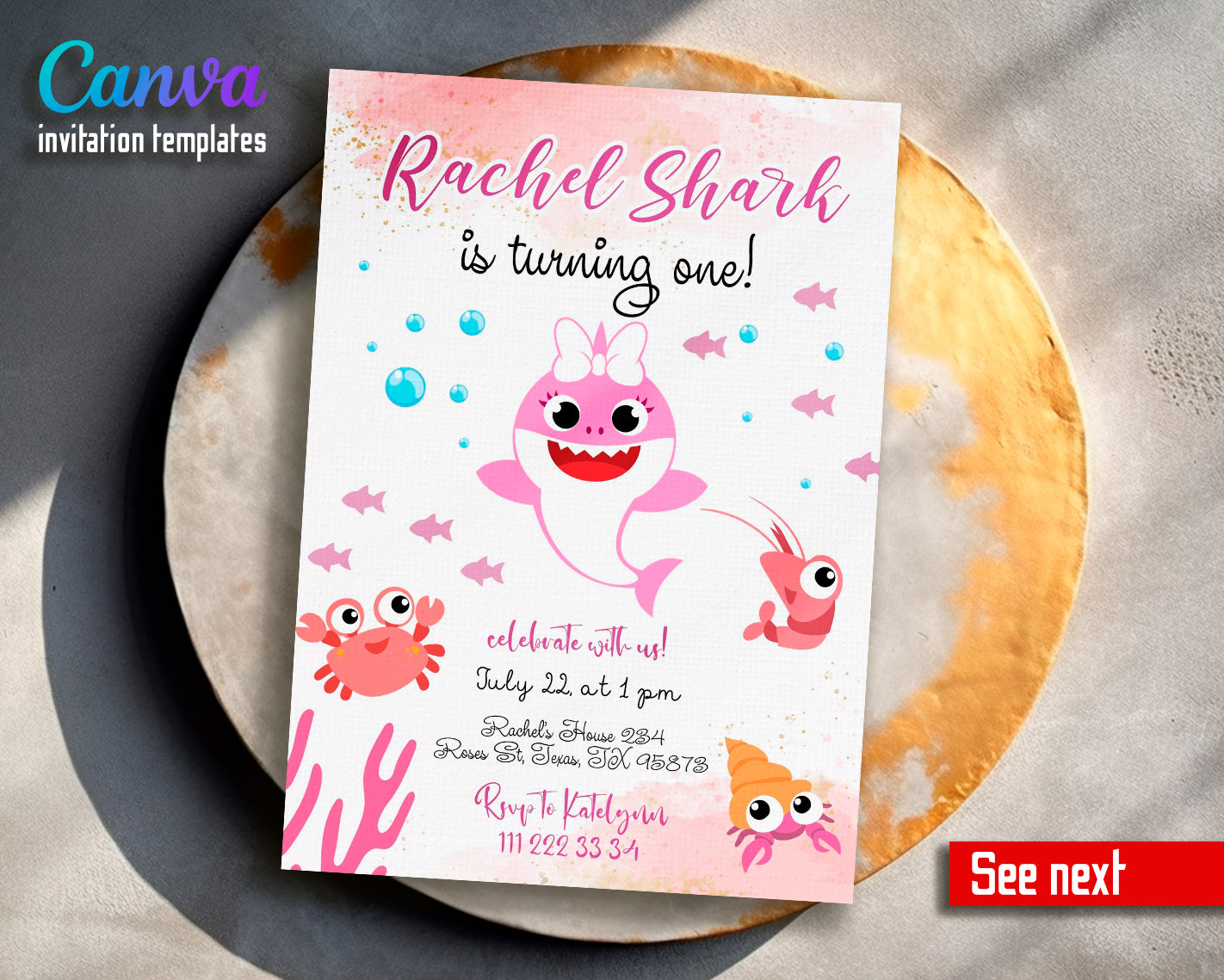 Baby Shark customizable invite template girl | instant download | Share or Print | UM502