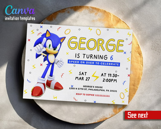 Sonic Hedgehog customizable invite template | instant download | Share or Print | CW686