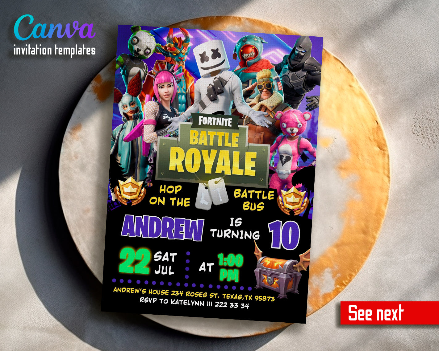 Fortnite gamer customizable invite template | instant download | Share or Print | BZ699