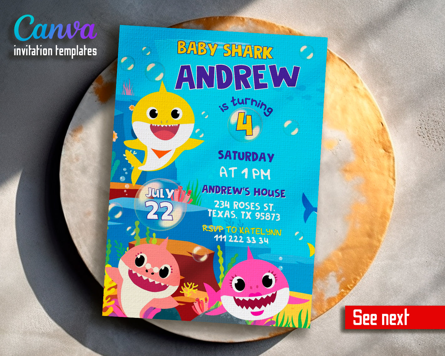 Baby Shark customizable invite template boy | instant download | Share or Print | TY367