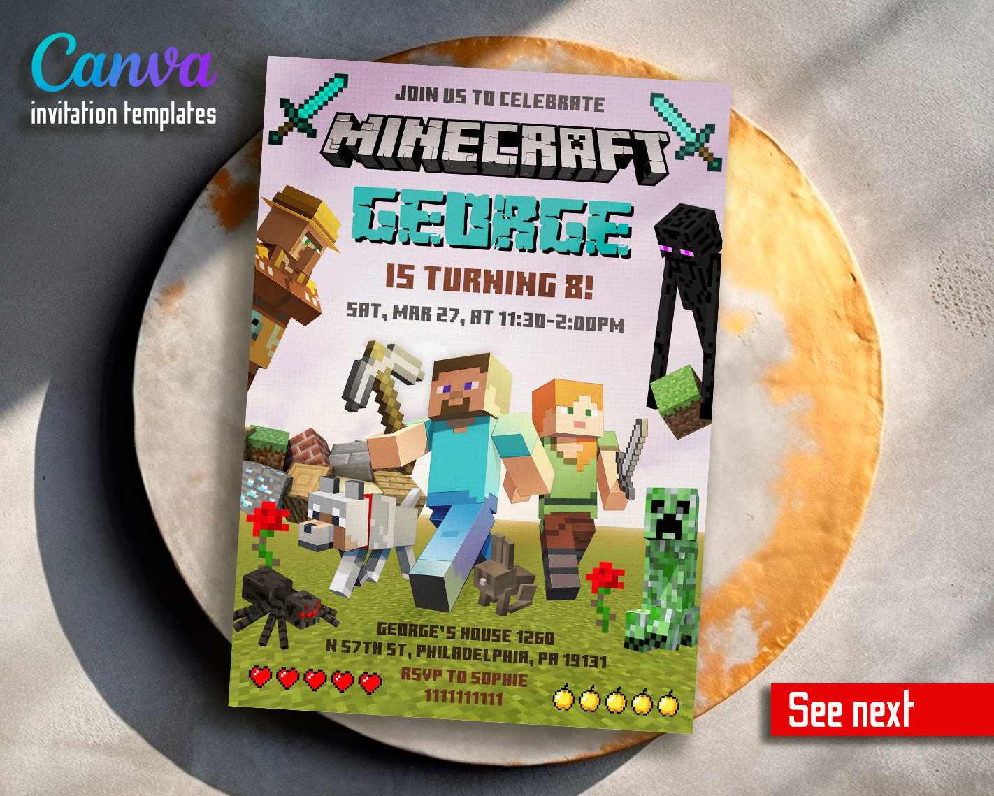 Minecraft customizable invite template | instant download | Share or Print | TY292