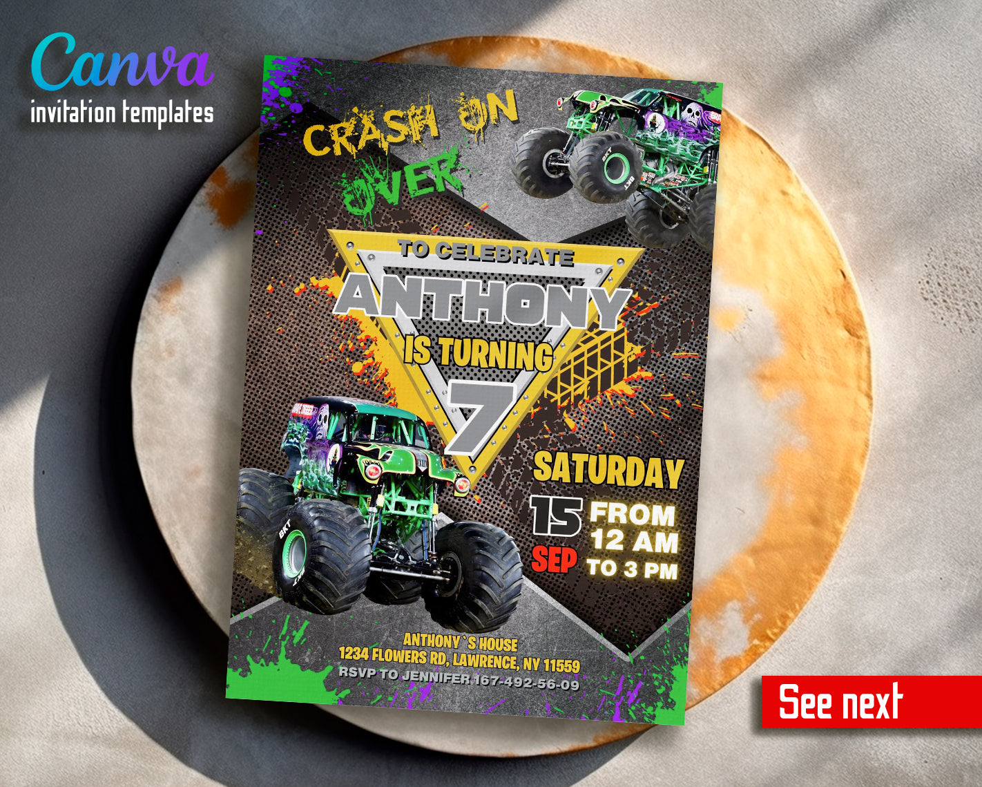 Monster Jam Grave Digger customizable invite template boy | instant download | Share or Print | MA485