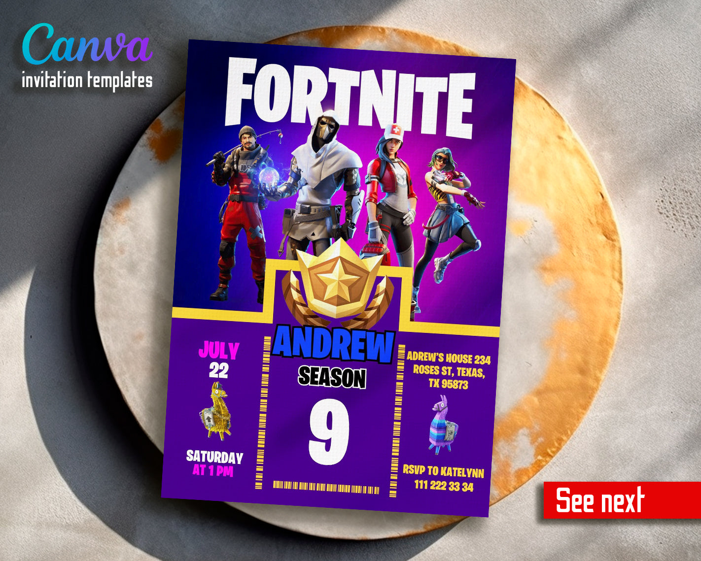 Fortnite gamer customizable invite template | instant download | Share or Print | BQ350