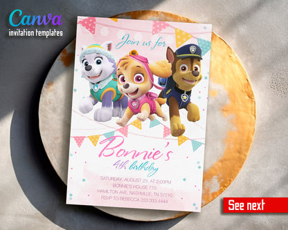 Paw Patrol customizable invite template girl | instant download | Share or Print | KO407