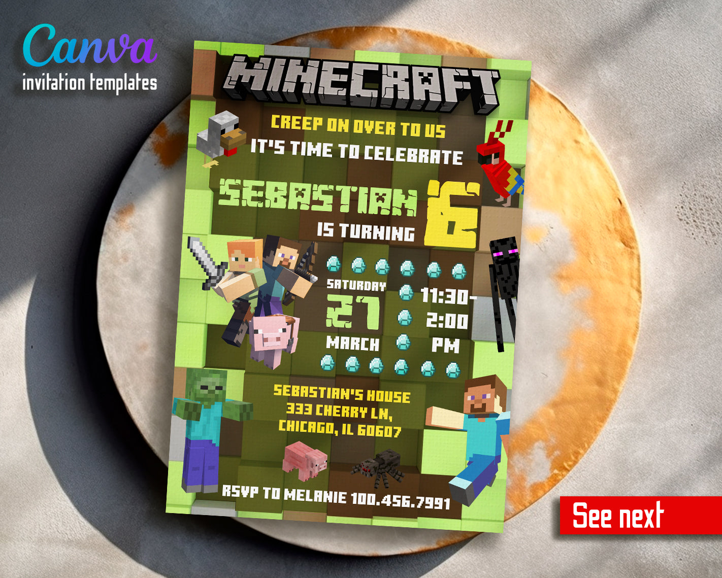 Minecraft customizable invite template | instant download | Share or Print | PX007